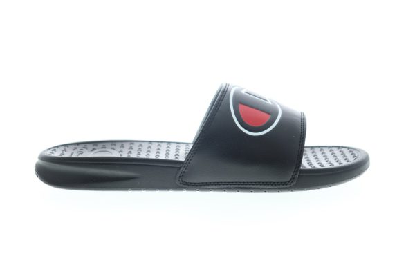 Champion Super Slide Split Script CM100366M Mens Black Slides Sandals Shoes For Cheap