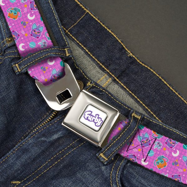 FURBY Title Logo Full Color White Purple Seatbelt Belt - Furby and Furblets Galaxy Grid Collage Pink Purple Webbing Fashion - Image 2